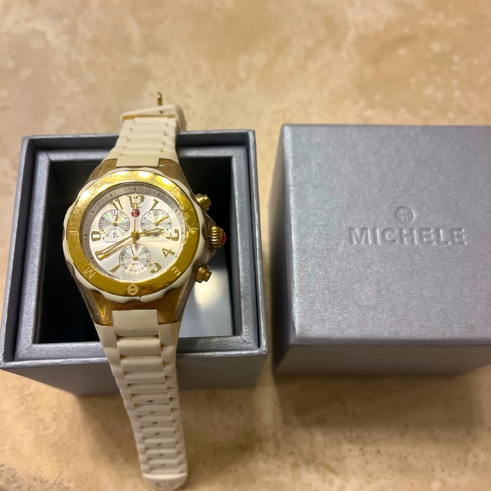 Michele White and Gold Jelly Bean Stainless Steel Watch